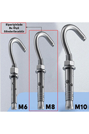 Kancalı Çelik Dübel M8 Salıncak Boks Torbası Avize İçin Gömlekli Açık Ağız Kanca 5 ADET