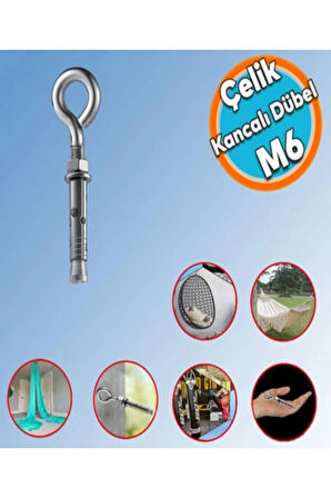 Kancalı Çelik Dübel Salıncak Tavan Boks Torbası Avize Asma Aparatı Asacağı M6 Kapalı Ağız Kanca 5 Ad