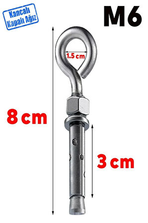 Kancalı Çelik Dübel Salıncak Tavan Boks Torbası Avize Asma Aparatı Asacağı M6 Kapalı Ağız Kanca 5 Ad