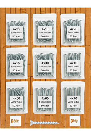 Ağaç Ve Sunta Vidası Seti – 4 Mm Çap / Toplam 450 Vida / 9 Boy (16-70 MM)