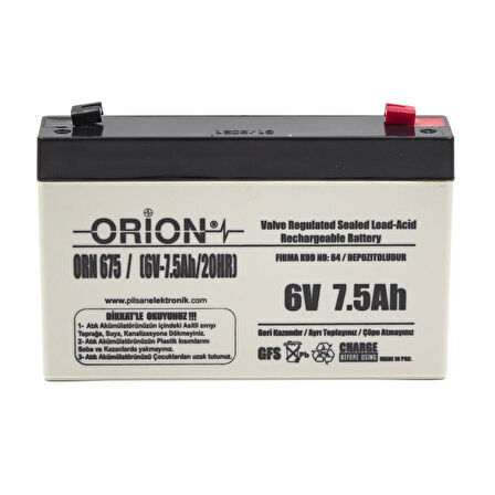 Orion 6V 7.5 Ah 6V 7Ah Kuru Bakımsız Akü