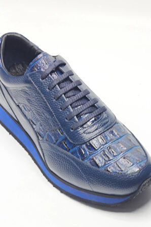 Lacivert Kroko Desenli Hakiki Deri Hafif Eva Taban Erkek Sneaker Ayakkabı