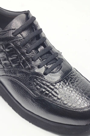 Siyah Kroko Desenli Hakiki Deri Hafif Eva Taban Erkek Sneaker Ayakkabı