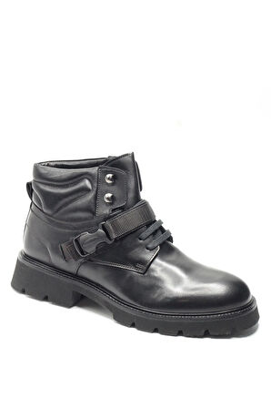 Siyah Hakiki Deri Tokalı Eva Taban Erkek Postal Bot