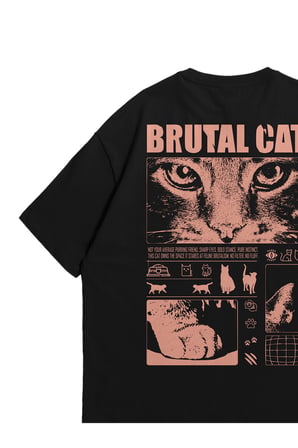 Unisex Beyaz Oversize T-Shirt - Brutal Cat Baskılı %100 Pamuk Bisiklet Yaka Streetwear Tişört