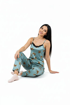 Altı Uzun Üstü Askılı Yumuşak Ayıcık Desenli Pijama Takımı