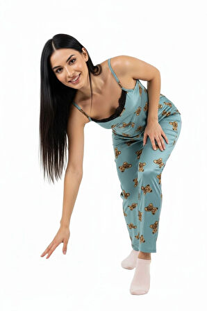 Altı Uzun Üstü Askılı Yumuşak Ayıcık Desenli Pijama Takımı
