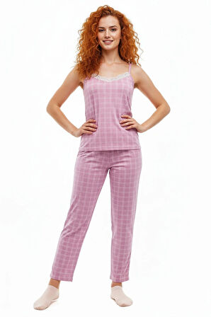 Altı Uzun Üstü Askılı Yumuşak Ekoseli Pijama Takımı Pembe