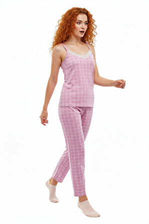 Altı Uzun Üstü Askılı Yumuşak Ekoseli Pijama Takımı Pembe
