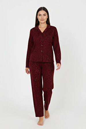 Luxury Soft Bordo Leopar Desenli Uzun Kollu Kadın Pijama Takımı – Büyük Beden 3002