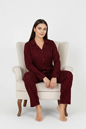 Luxury Soft Bordo Leopar Desenli Uzun Kollu Kadın Pijama Takımı – Büyük Beden 3002