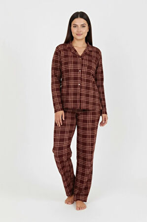 Luxury Soft Kahverengi Ekose Desenli Uzun Kollu Kadın Pijama Takımı – Büyük Beden 3009