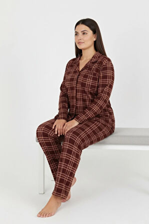 Luxury Soft Kahverengi Ekose Desenli Uzun Kollu Kadın Pijama Takımı – Büyük Beden 3009