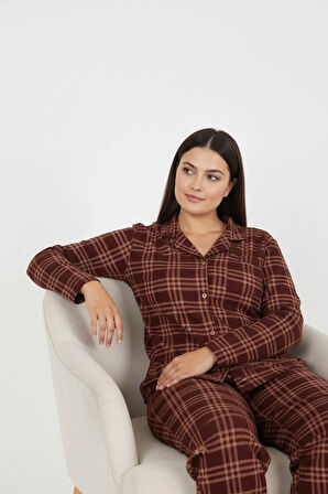 Luxury Soft Kahverengi Ekose Desenli Uzun Kollu Kadın Pijama Takımı – Büyük Beden 3009
