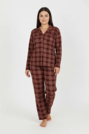 Luxury Soft Kahverengi Ekose Desenli Uzun Kollu Kadın Pijama Takımı – Büyük Beden 3009