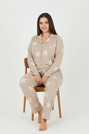 Luxury Soft Bej Yıldız Desenli Uzun Kollu Kadın Pijama Takımı – Büyük Beden 3011