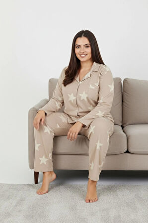 Luxury Soft Bej Yıldız Desenli Uzun Kollu Kadın Pijama Takımı – Büyük Beden 3011