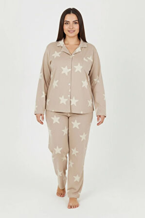 Luxury Soft Bej Yıldız Desenli Uzun Kollu Kadın Pijama Takımı – Büyük Beden 3011