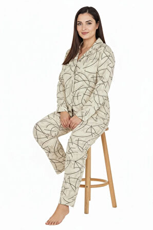 Luxury Soft Ekru Çizgi Desenli Uzun Kollu Kadın Pijama Takımı – Büyük Beden 3015