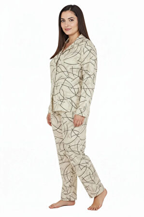 Luxury Soft Ekru Çizgi Desenli Uzun Kollu Kadın Pijama Takımı – Büyük Beden 3015