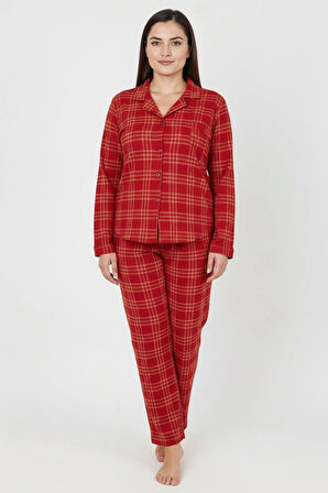 Luxury Soft Kırmızı Ekose Desenli Uzun Kollu Kadın Pijama Takımı – Büyük Beden 3018