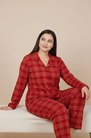 Luxury Soft Kırmızı Ekose Desenli Uzun Kollu Kadın Pijama Takımı – Büyük Beden 3018