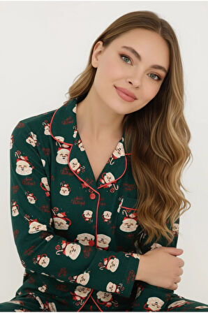 Luxury Soft Yeşil Noel Baba Desenli Uzun Kollu Kadın Pijama Takımı – 3023