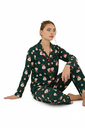 Luxury Soft Yeşil Noel Baba Desenli Uzun Kollu Kadın Pijama Takımı – 3023