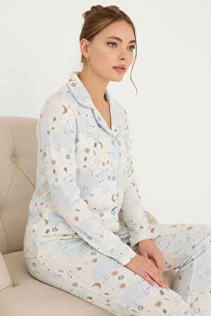 Luxury Soft Buz Mavi Kutup Ayısı Desenli Kadın Uzun Kollu Pijama Takımı – 3024