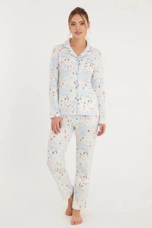Luxury Soft Buz Mavi Kutup Ayısı Desenli Kadın Uzun Kollu Pijama Takımı – 3024