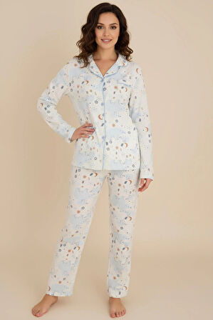 Luxury Soft Buz Mavi Kutup Ayısı Desenli Kadın Uzun Kollu Pijama Takımı – 3024