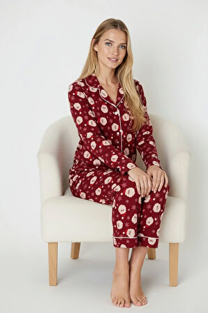Luxury Soft Bordo Yılbaşı Desenli Uzun Kollu Kadın Pijama Takımı – 3026