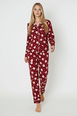 Luxury Soft Bordo Yılbaşı Desenli Uzun Kollu Kadın Pijama Takımı – 3026