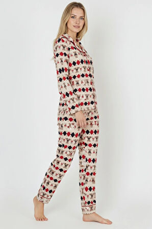 Luxury Soft Ekru Desenli Uzun Kollu Kadın Pijama Takımı – 3028