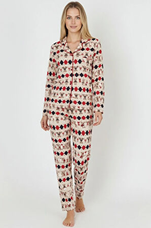 Luxury Soft Ekru Desenli Uzun Kollu Kadın Pijama Takımı – 3028