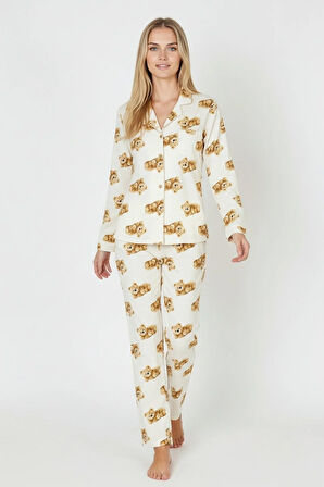 Luxury Soft Ekru Ayıcık Desenli Uzun Kollu Kadın Pijama Takımı – 3041