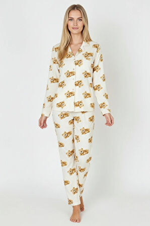 Luxury Soft Ekru Ayıcık Desenli Uzun Kollu Kadın Pijama Takımı – 3041
