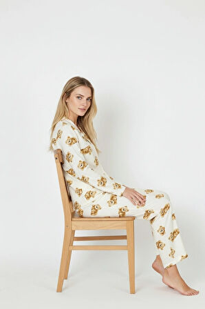Luxury Soft Ekru Ayıcık Desenli Uzun Kollu Kadın Pijama Takımı – 3041