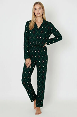 Luxury Soft Yeşil Ekose Desenli Uzun Kollu Kadın Pijama Takımı – 3045