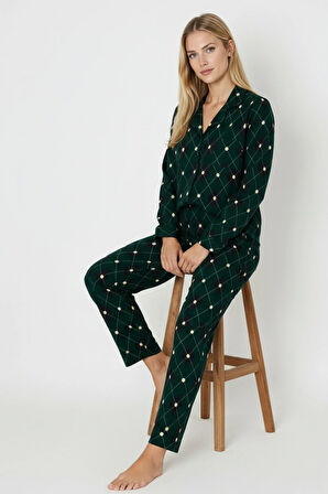 Luxury Soft Yeşil Ekose Desenli Uzun Kollu Kadın Pijama Takımı – 3045