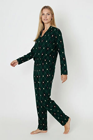 Luxury Soft Yeşil Ekose Desenli Uzun Kollu Kadın Pijama Takımı – 3045