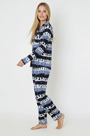 Luxury Soft Lacivert Çam Ağacı Desenli Uzun Kollu Kadın Pijama Takımı – 3048