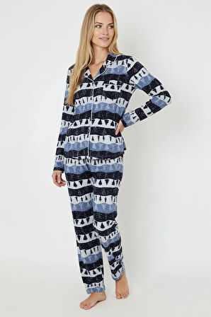 Luxury Soft Lacivert Çam Ağacı Desenli Uzun Kollu Kadın Pijama Takımı – 3048