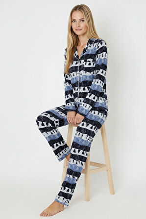 Luxury Soft Lacivert Çam Ağacı Desenli Uzun Kollu Kadın Pijama Takımı – 3048