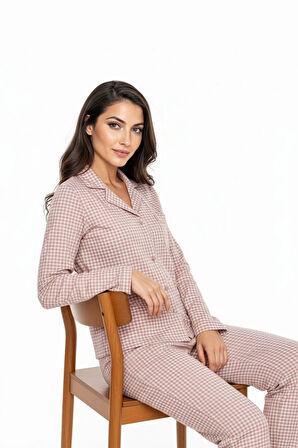 Luxury Soft Pudra Kareli Uzun Kollu Kadın Pijama Takımı – 3049
