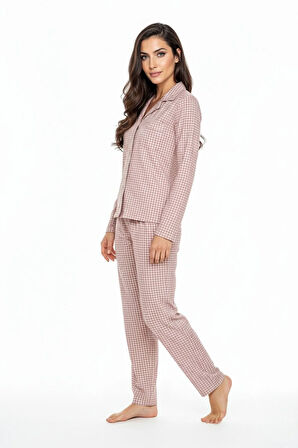 Luxury Soft Pudra Kareli Uzun Kollu Kadın Pijama Takımı – 3049