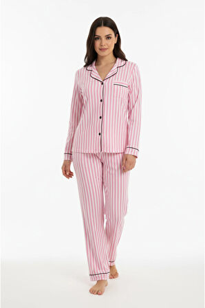 Luxury Soft Pembe Çizgili Uzun Kollu Kadın Pijama Takımı – 3052