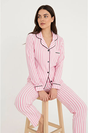 Luxury Soft Pembe Çizgili Uzun Kollu Kadın Pijama Takımı – 3052