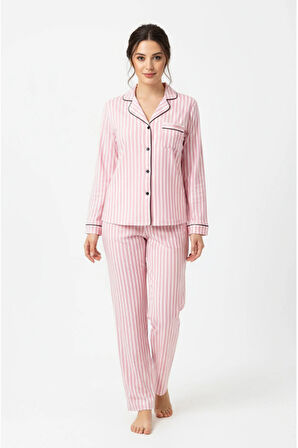 Luxury Soft Pembe Çizgili Uzun Kollu Kadın Pijama Takımı – 3052