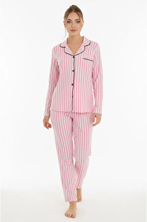 Luxury Soft Pembe Çizgili Uzun Kollu Kadın Pijama Takımı – 3052